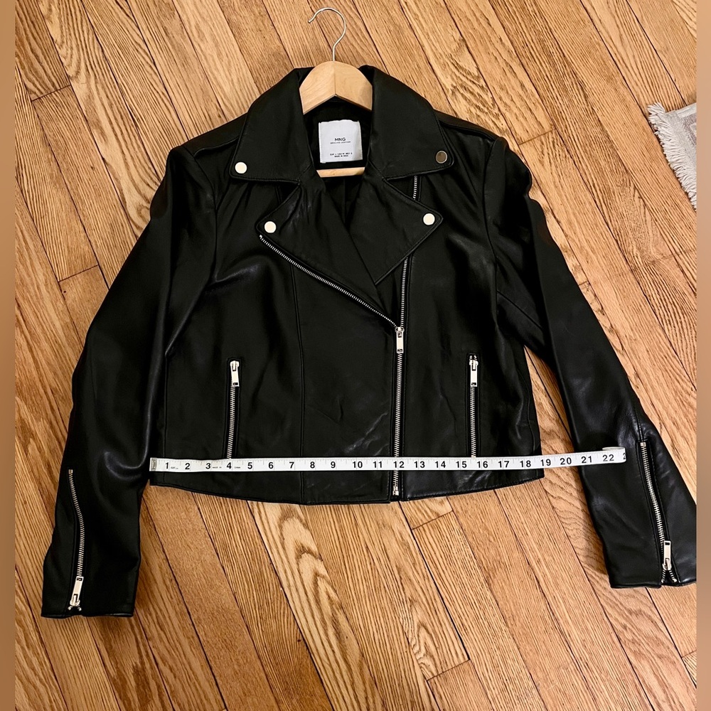 Mango Black Genuine Leather Moto Jacket, Size M - Picture 3 of 7